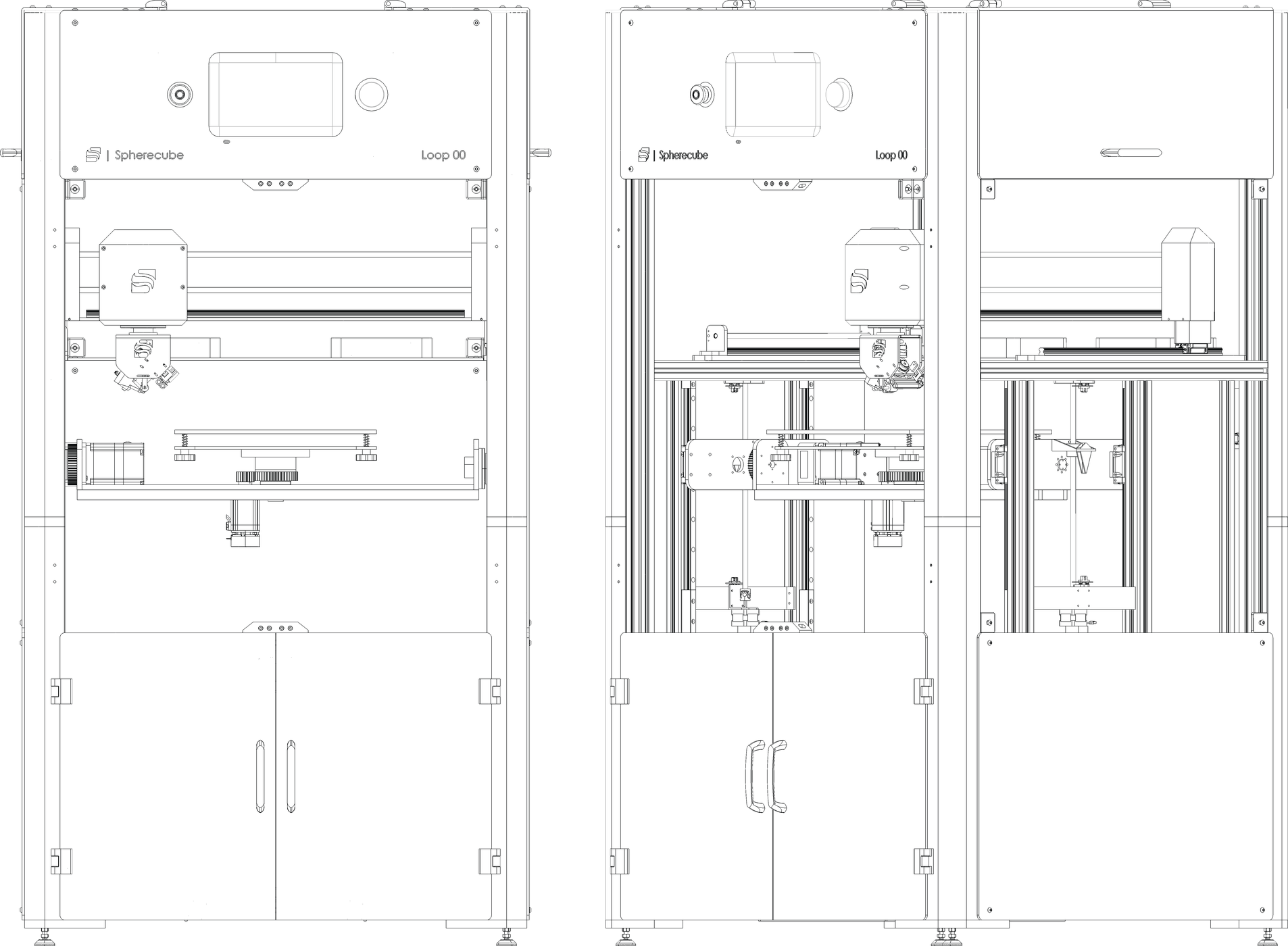 Spherecube LOOP 00: front and 45-degree technical drawings
