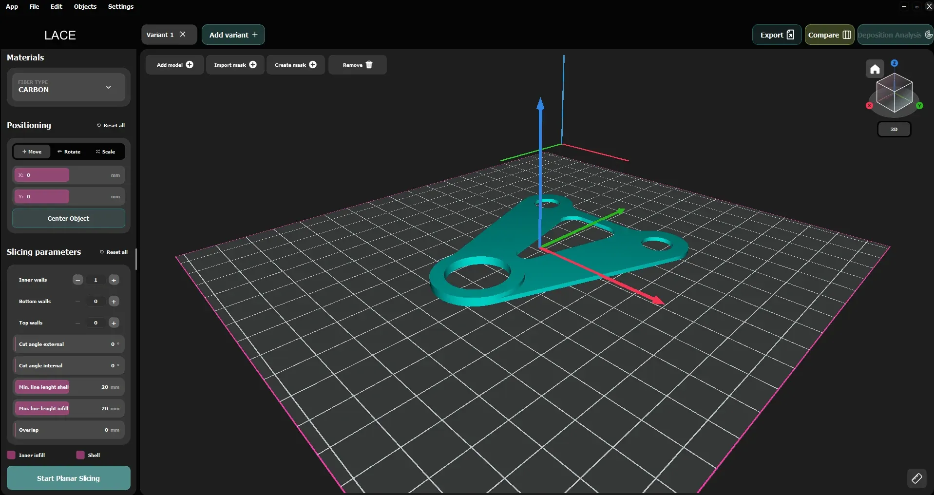 LACE in Planar mode: the lug loaded on the table, with the Materials, Positioning and Slicing parameters panels
